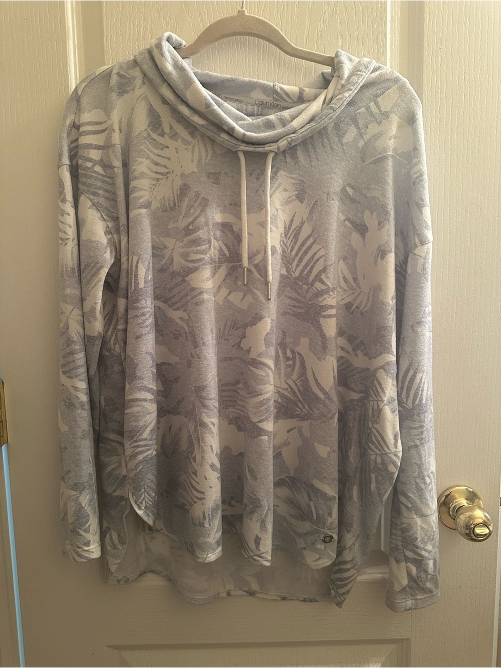 Calvin Klein Light Blue Tropical Cowl Neck Long Sleeve Top